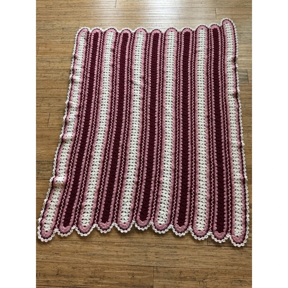 Handmade Red, Pink White Knitted Crocheted Throw Blanket Size 48x64